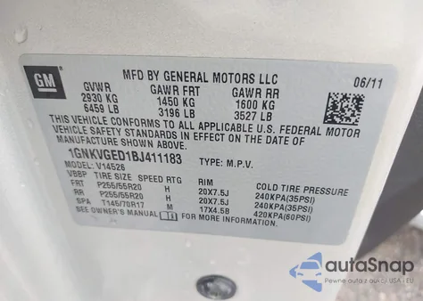 2011 Chevrolet Traverse 1Lt z USA, uszkodzony, nr VIN 1GNKVGED1BJ411183